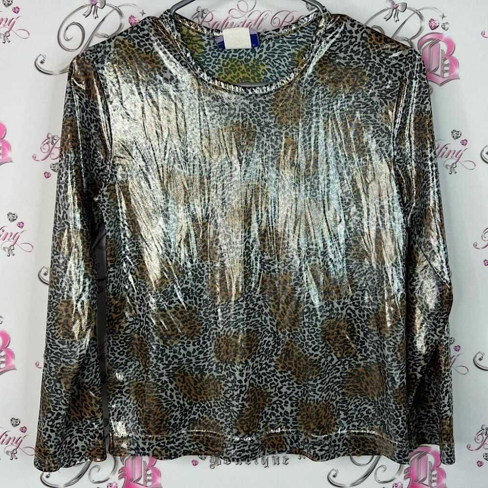 Pippin street shirt shiny long sleeve animal Metallic Leopard Print Blouse retro